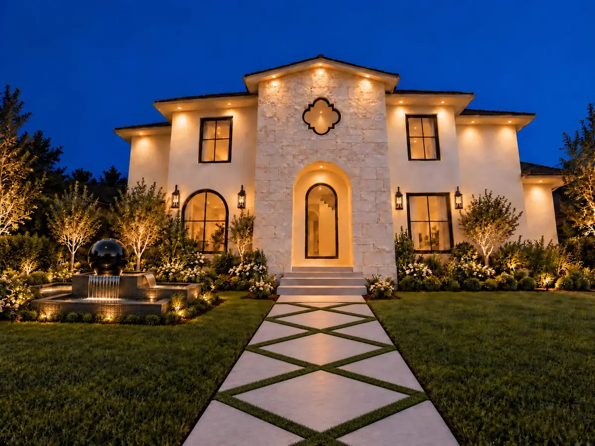 Two-story Mediterranean-style home with a stone entry tower, arched front door and lit landscaping at dusk