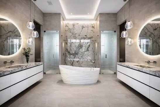 Spa-style bathroom with a freestanding soaking tub, marble feature wall, floating double vanities and lit round mirrors