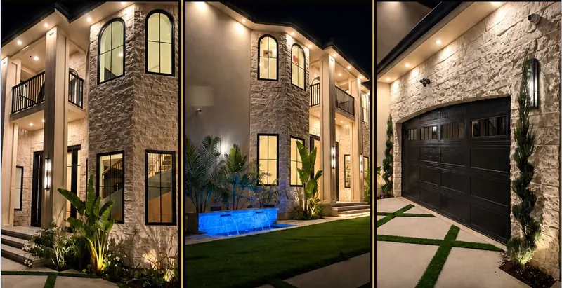 Three views of a stone and stucco home at night with lit windows, a blue-lit water feature, planting and a dark garage door