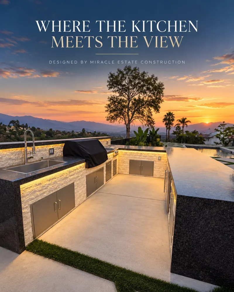 Outdoor kitchen with stone veneer, a built-in grill and under-counter lighting overlooking hills at sunset
