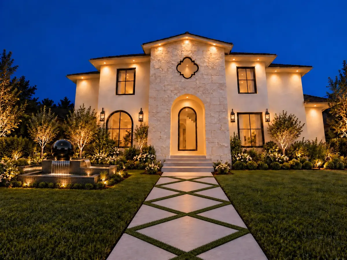 Two-story stucco and stone home at dusk with arched windows, landscape lighting and a diamond-pattern paver walkway leading to the entry