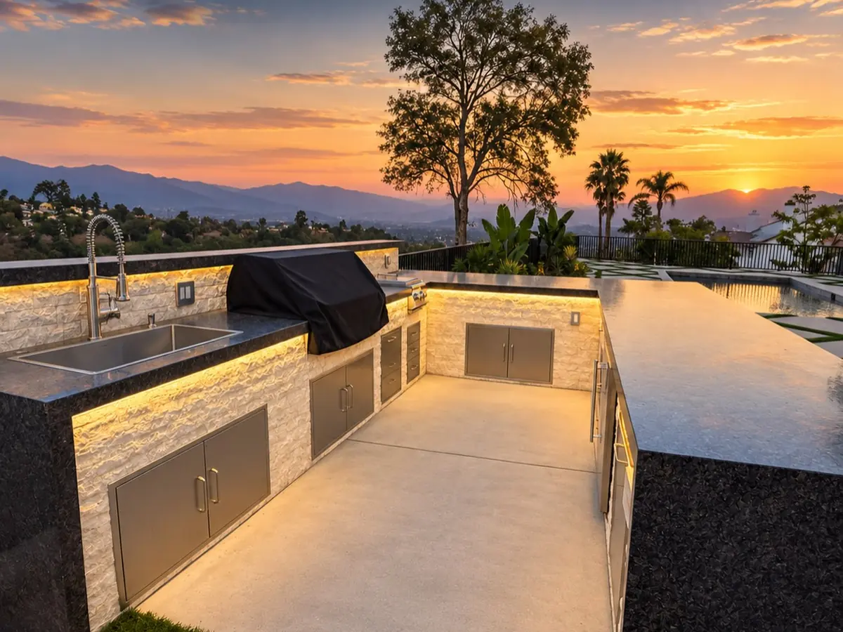 Outdoor kitchen with stone veneer, granite counters, stainless cabinet doors and a built-in grill overlooking hills at sunset